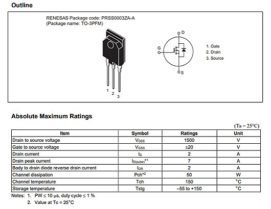 瑞薩2SK2225參數1500V2A 瑞薩2SK2225參數1500V2A