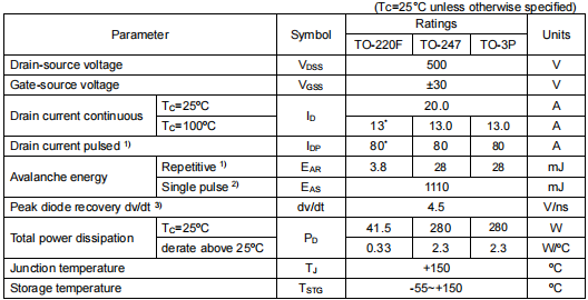 20n50場(chǎng)效應(yīng)管,500v20a